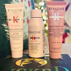 Kerastase Chroma Absolu Mask, Genesis Shampoo and Conditioner Travel Set.